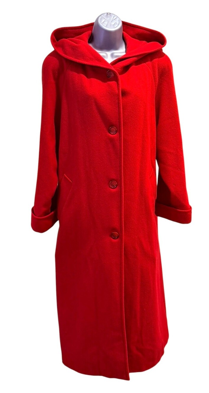 Vintage Preston & York 100% Wool Maxi Coat Women 10 Red Hooded Full Length USA